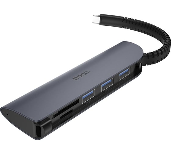 Переходник Hoco хаб HB17 Easy connect Type-C adapter (Type-C to USB3.0*3+ SD+TF), серый 800478 1