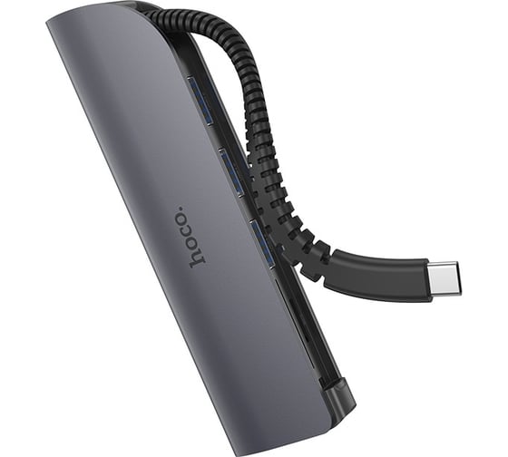 Переходник Hoco хаб HB17 Easy connect Type-C adapter (Type-C to USB3.0*3+ SD+TF), серый 800478