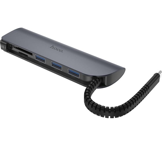 Переходник Hoco хаб HB17 Easy connect Type-C adapter (Type-C to USB3.0*3+ SD+TF), серый 800478