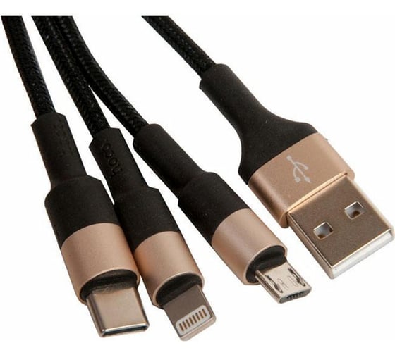 Кабель USB Hoco3 в 1 для Lightning, Micro USB, Type-C, 2.0A, длина 1.0м, черный с золотым 648368