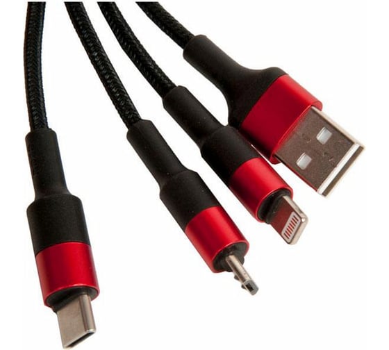 Кабель USB Hoco 3 в 1 для Lightning, Micro USB, Type-C, 2.0A, длина 1.0м, черный с красным 648367