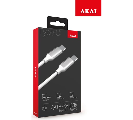 Дата-кабель AKAI Type C- Type С, 1м, 2,1А, TPE, белый CE-468W