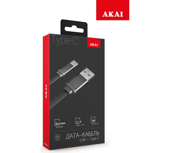 Дата-кабель AKAI разъем Type C 1м оплетка TPE черный CE-443B