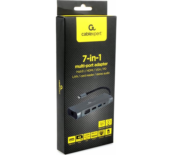 Адаптер интерфейсов Cablexpert USB-CM 7-в-1 (Type-C, USB3.1, HDMI, VGA, RJ-45, AUX, кардридер), коробка A-CM-COMBO7-01