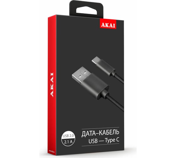 Дата-кабель AKAI разъем Type C 1м оплетка экокожа черный CE-441B