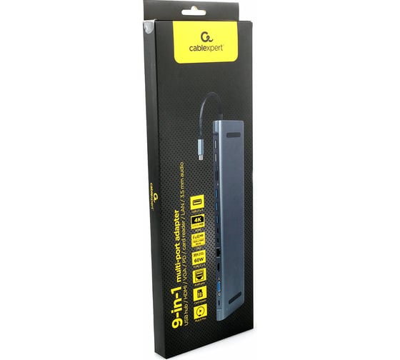 Адаптер интерфейсов Cablexpert USB-C 9-в-1 (Type-C, USB3.1, HDMI, VGA,RJ-45,AUX,кардридер), коробка A-CM-COMBO9-01