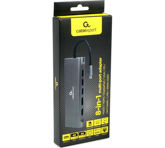 Адаптер интерфейсов Cablexpert USB-C 8-в-1 (Type-C, USB3.1, HDMI,DP,VGA,RJ-45,AUX,кардридер), коробка A-CM-COMBO8-01