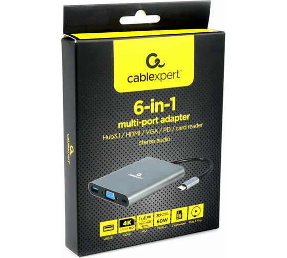 Адаптер интерфейсов Cablexpert USB-CM 6-в-1 (3xAM USB3.1, HDMI, VGA, кардридер, AUX), коробка A-CM-COMBO6-01