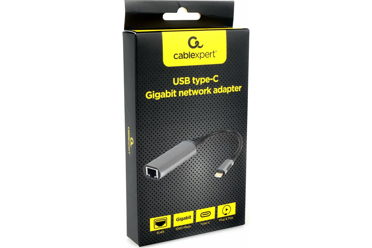 Сетевой адаптер Cablexpert Type-C USB3.0, в Гбит. сеть Ethernet (RJ-45),  метал. разъем, Pro, коробка A-USB3C-LAN-01