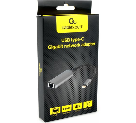 Сетевой адаптер Cablexpert Type-C USB3.0, в Гбит. сеть Ethernet (RJ-45), метал. разъем, Pro, коробка A-USB3C-LAN-01