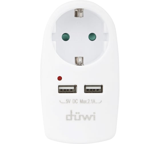 Розеточный адаптер duwi 1 гнездо + 2 USB порта с заземлением белый 16A 3680Вт 27418 6