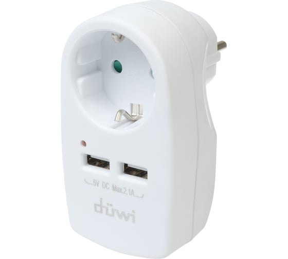 Розеточный адаптер duwi 1 гнездо + 2 USB порта с заземлением белый 16A 3680Вт 27418 6