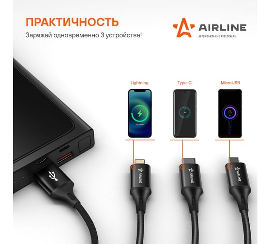 Кабель 3в1 AIRLINE USB - Lightning, Type-C, Micro USB, 0.15м нейлоновый ACH-C-38