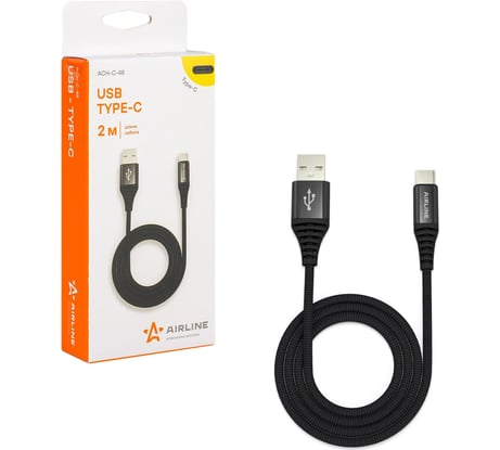 Кабель AIRLINE USB - Type-C 2м, черный нейлоновый ACH-C-48