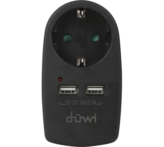 Розеточный адаптер duwi 1 гнездо + 2 USB порта с заземлением черный 16A 3680Вт 27419 3