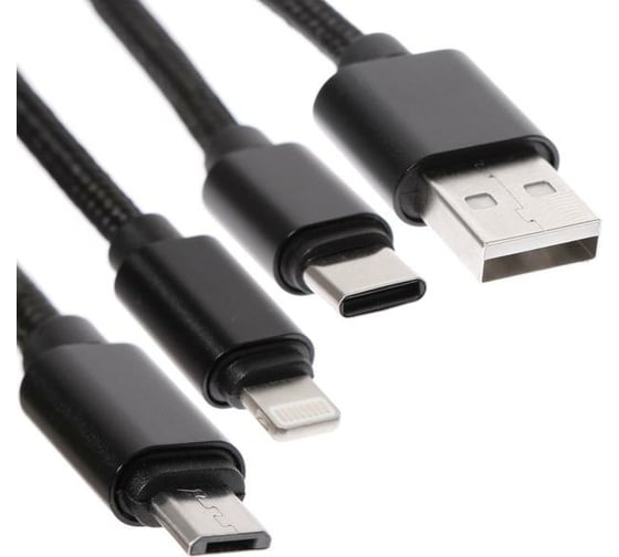 Кабель 3 в 1 LUAZON microUSB/Type-C/Lightning - USB, 2 А, 1 м, оплётка нейлон, черный 4310382