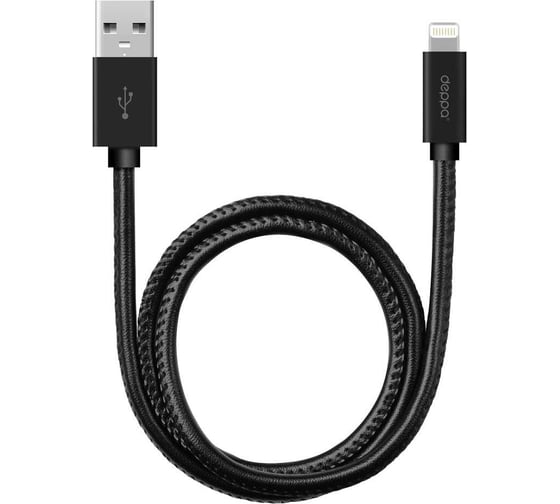 Дата-кабель Deppa Leather USB - Lightning, алюминий/ экокожа, MFI, 1. 2м, черный 72266 1