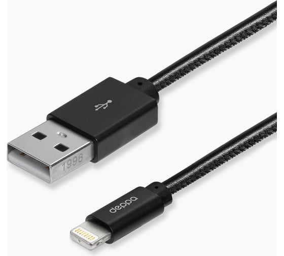Дата-кабель Deppa Leather USB - Lightning, алюминий/ экокожа, MFI, 1. 2м, черный 72266