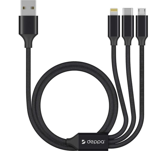 Дата-кабель Deppa 3 в 1: micro USB, USB-C, Ligthning, алюминий, 1. 2м, черный 72299 1