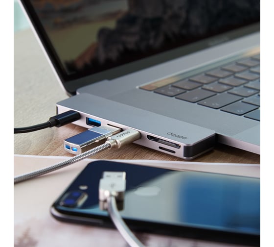 Адаптер для MacBook Deppa 7-в-1, USB-C серебро 73122