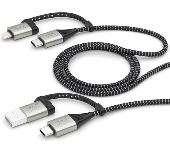 Дата-кабель Deppa 4 в 1: Lightning, USB-C - USB-C, USB-A, алюминий, нейлон, 1. 2м, 3А, черный 72311