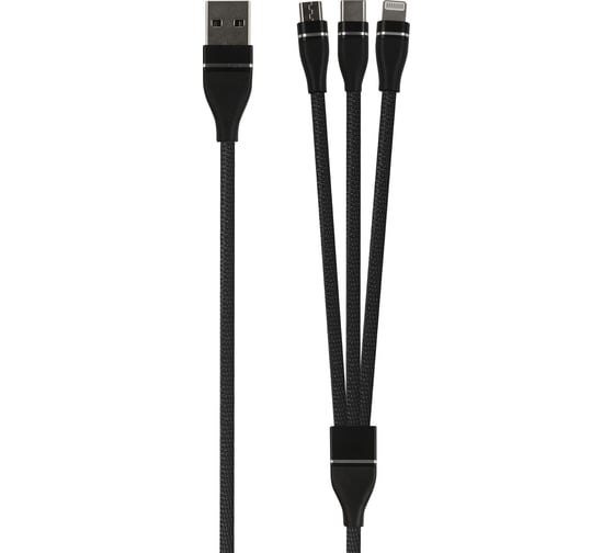 Дата-кабель Red Line 3в1, USB - microUSB+Lightning+Type-C, 2A, нейлон. оплетка, черный УТ000020993