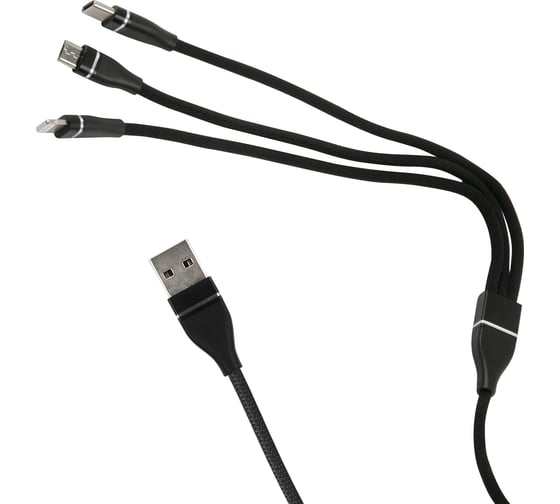 Дата-кабель Red Line 3в1, USB - microUSB+Lightning+Type-C, 2A, нейлон. оплетка, черный УТ000020993