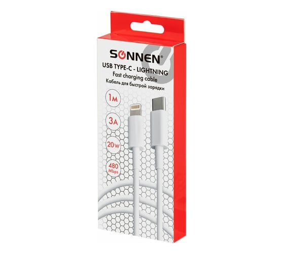 Кабель SONNEN USB Type-C-Lightning с поддержкой быстрой зарядки для iPhone, белый, 1м, медный 513612