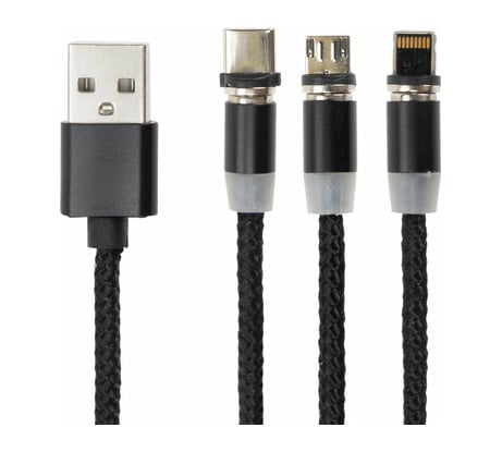 Магнитный кабель SONNEN для зарядки 3в1 USB 2.0-Micro USB/Type-C/Ligtning, 1м, черный 513561