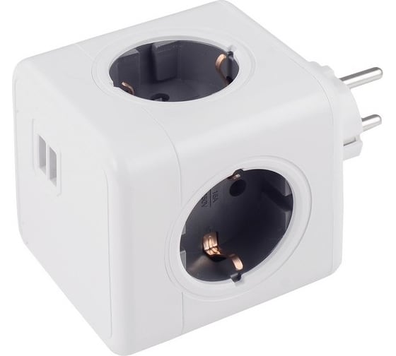 Разветвитель ROCKETSOCKET Cube Original 4 Euro 16A, 2 USB A с блоком 5В/2.1А  цвет серый GN1204