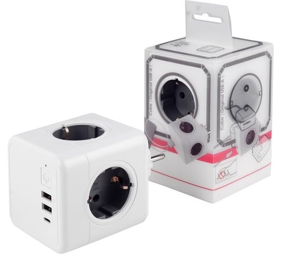 Разветвитель ROCKETSOCKET Cube Original 4 Euro 16A, 3 USB 2A+C с блоком 5В/3.0А  цвет серый GN1205