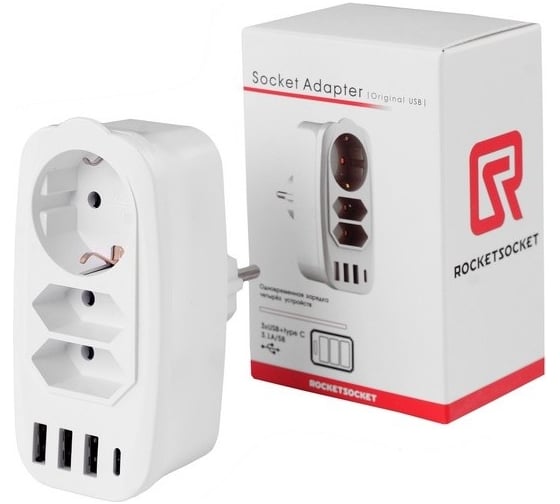 Разветвитель ROCKETSOCKET Socket Adapter 3 Euro 16A, 3 USB 3A+C с блоком 5В/3.1А  цвет белый GN4603