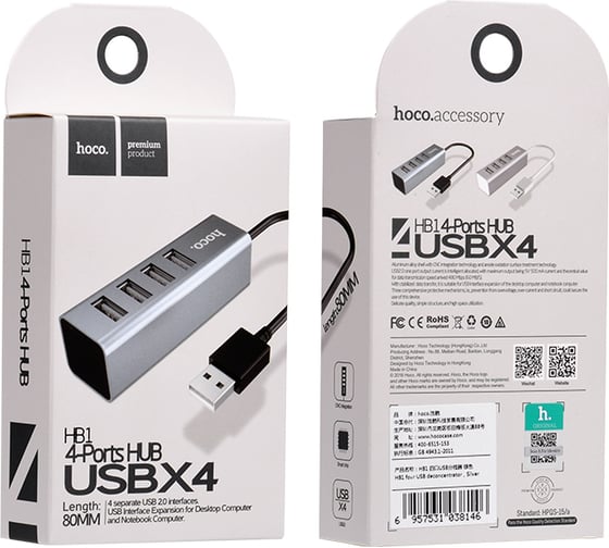 Концентратор Hoco HB1, 4xUSB, серебристый, 6957531038146