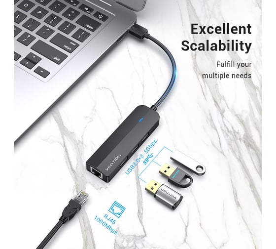 Сетевой адаптер VENTION USB 3.0 M/Gigabit Ethernet RJ45 F+OTG хаб на 3 порта Черный 0.15 м CHNBB