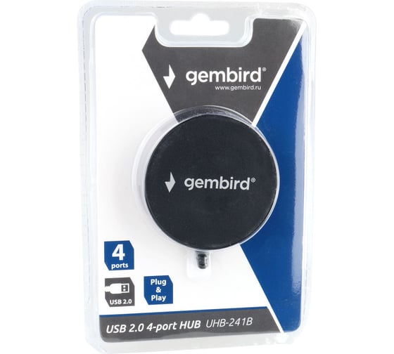 Концентратор USB 2.0 Gembird 4 порта, кабель 45см, черный, блистер UHB-241B