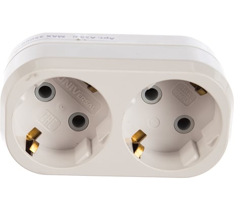 Плоский разветвитель 2 гнезда, заземление, белый 16А 250В UNIVersal А302