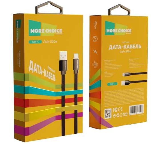 Дата-кабель More Choice USB 2.1A для Type-C плоский нейлон 1м K20a Black 1