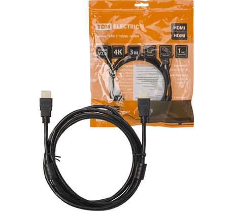 Кабель TDM ELECTRIC "АВК 4" HDMI - HDMI, v2.0, позолоченные контакты, с ферритами, 3 метра, SQ4040-0004