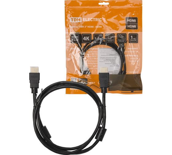 Кабель TDM ELECTRIC "АВК 3" HDMI - HDMI, v2.0, позолоченные контакты, с ферритами, 1,5 метра, SQ4040-0003