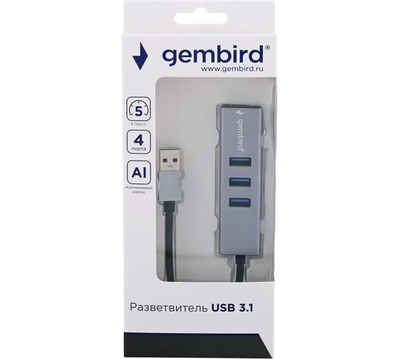 Концентратор usb 3.0 Gembird 4 порта, кабель 17см, UHB-C454