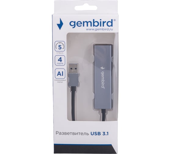 Концентратор usb 3.0 Gembird 4 порта, кабель 17см, белый, UHB-C464
