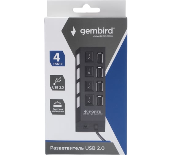 Разветвитель Gembird USB3.1 4хUSB, с доп.питанием (порт Type-C), кабель USB 19см, черный, UHB-C414