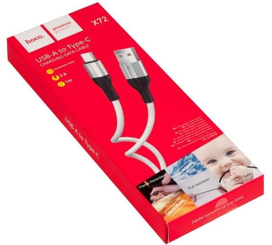 Кабель Hoco usb x72 creator silicone для type-c, 3.0а, длина 1.0м, белый 913655