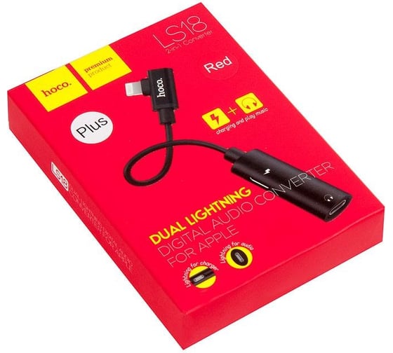 Аудио-переходник Hoco ls18 dual lightning, красный 648451