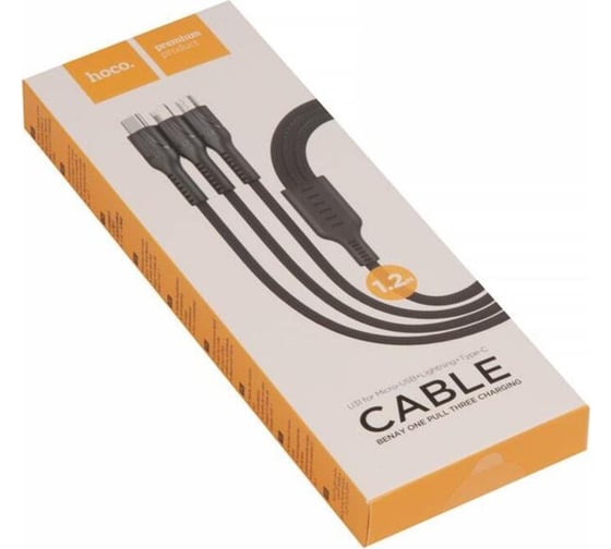 Кабель Hoco usb u31 benay 3 в 1 для lightning, micro usb, type-c, 2.4a, длина 1.2м, черный 913631