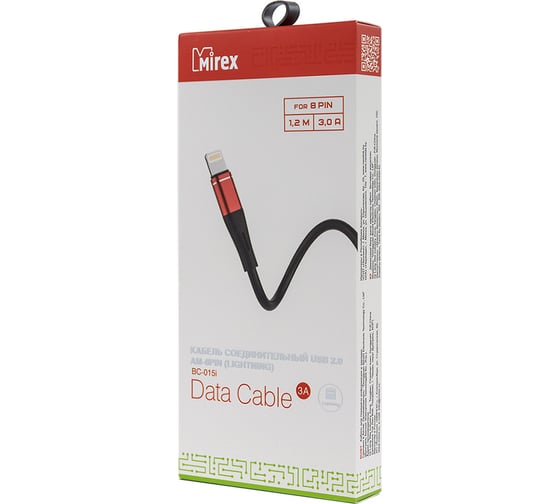 Кабель Mirex usb 2.0 am-8pin 1.2 метра, 3a, силикон, черно-красный, 13700-BC015IRB