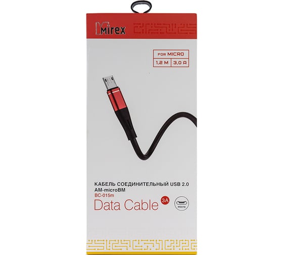 Кабель Mirex usb 2.0 am-microbm 1.2 метра, 3a, силикон, черно-красный, 13700-BC015MRB