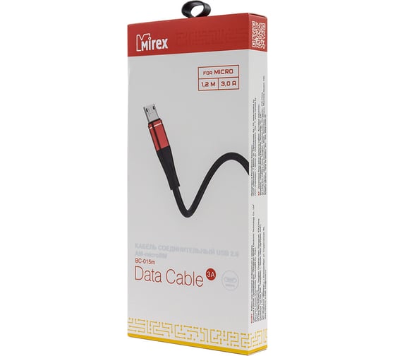 Кабель Mirex usb 2.0 am-microbm 1.2 метра, 3a, силикон, черно-красный, 13700-BC015MRB