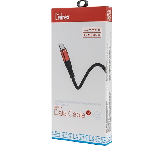 Кабель Mirex usb 2.0 am-type-c 1.2 метра, 3a, силикон, черно-красный, 13700-BC015TRB