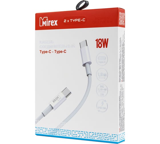 Кабель Mirex usb type-c - type-c 1 метр, 18w, ПВХ, белый, 13700-BC020TTW